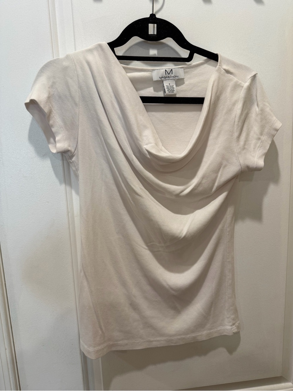 Magaschoni Cream Draped Cowl Neck Short Sleeve Top